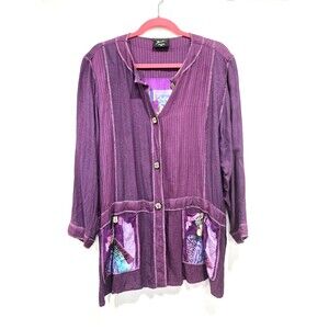 Zashi vintage Button up 100% rayon purple boho Wearable art‎ panels unique L